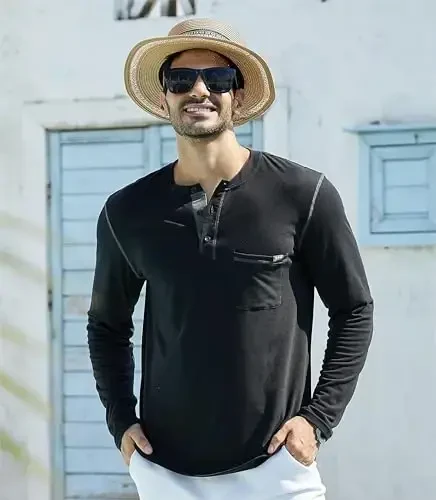 Men's Henley Shirts Short/Long Sleeve Casual Cotton T-Shirt Classic Button Basic Stylish Tees Tops - 2