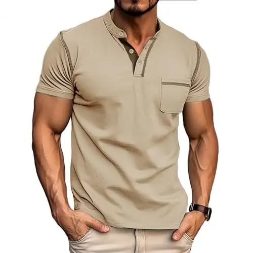 Men's Henley Shirts Short/Long Sleeve Casual Cotton T-Shirt Classic Button Basic Stylish Tees Tops 