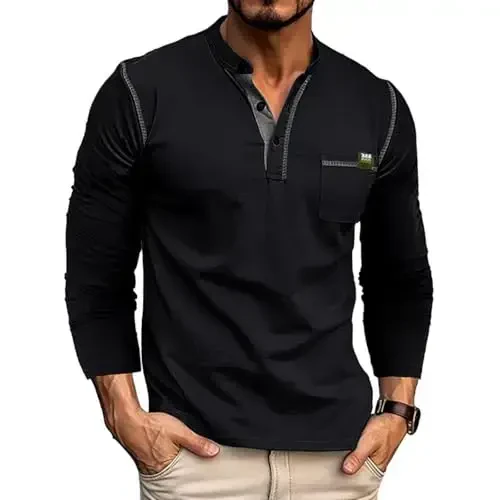 Men's Henley Shirts Short/Long Sleeve Casual Cotton T-Shirt Classic Button Basic Stylish Tees Tops - MEN'S