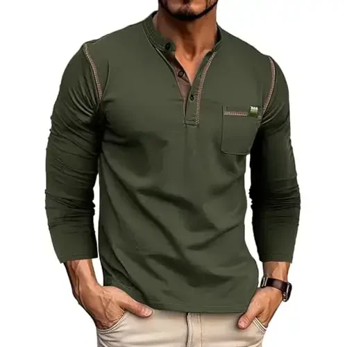 Men's Henley Shirts Short/Long Sleeve Casual Cotton T-Shirt Classic Button Basic Stylish Tees Tops 