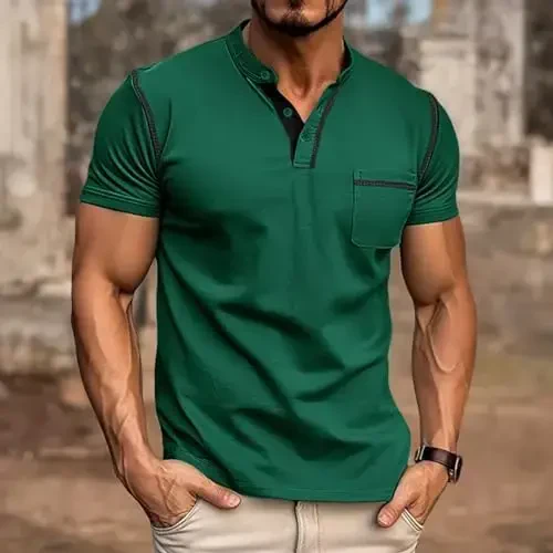 Men's Henley Shirts Short/Long Sleeve Casual Cotton T-Shirt Classic Button Basic Stylish Tees Tops - 6