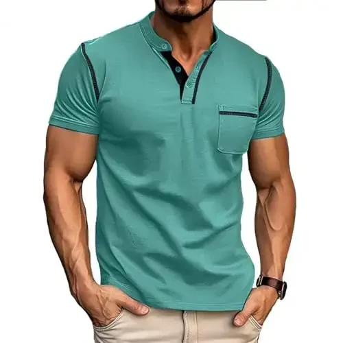 Men's Henley Shirts Short/Long Sleeve Casual Cotton T-Shirt Classic Button Basic Stylish Tees Tops 