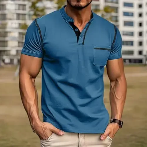 Men's Henley Shirts Short/Long Sleeve Casual Cotton T-Shirt Classic Button Basic Stylish Tees Tops - 6