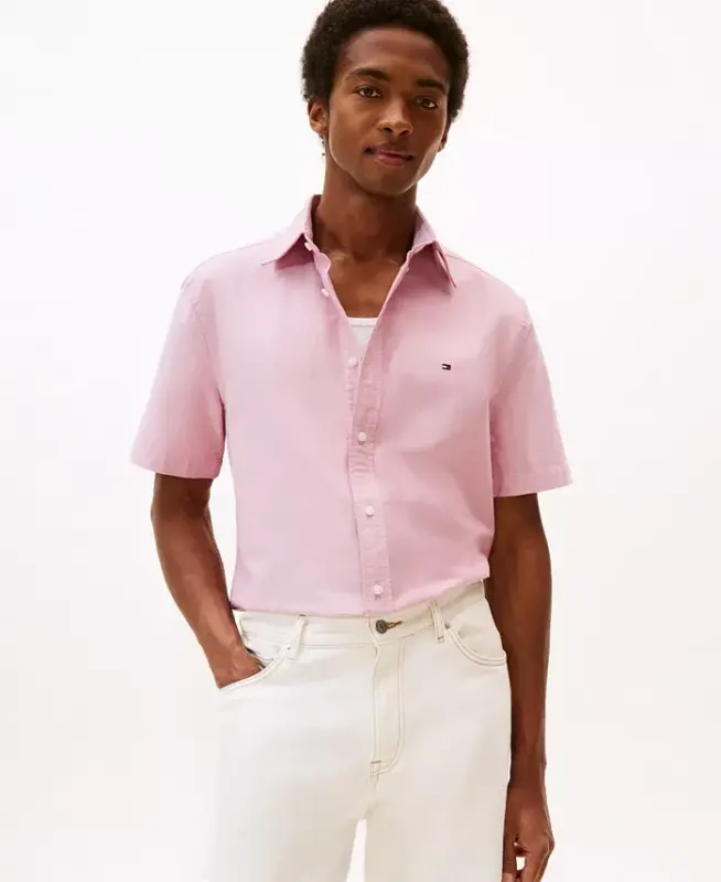 Men's Heritage Short-Sleeve Solid Oxford Shirt - Medium Red - TOMMY HILFIGER