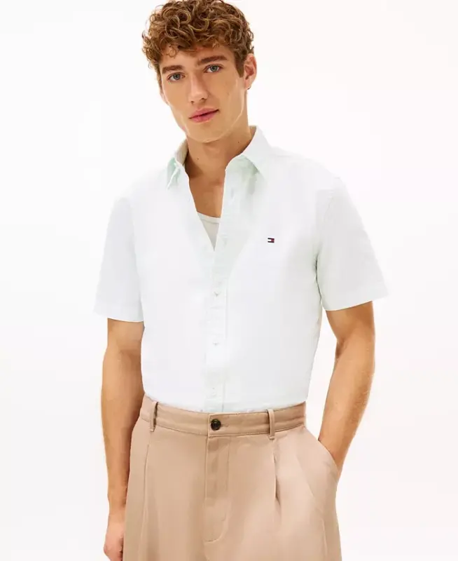 Men's Heritage Short-Sleeve Solid Oxford Shirt - Opal Green - TOMMY HILFIGER