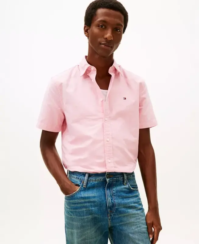 Men's Heritage Short-Sleeve Solid Oxford Shirt - Vintage Red - TOMMY HILFIGER