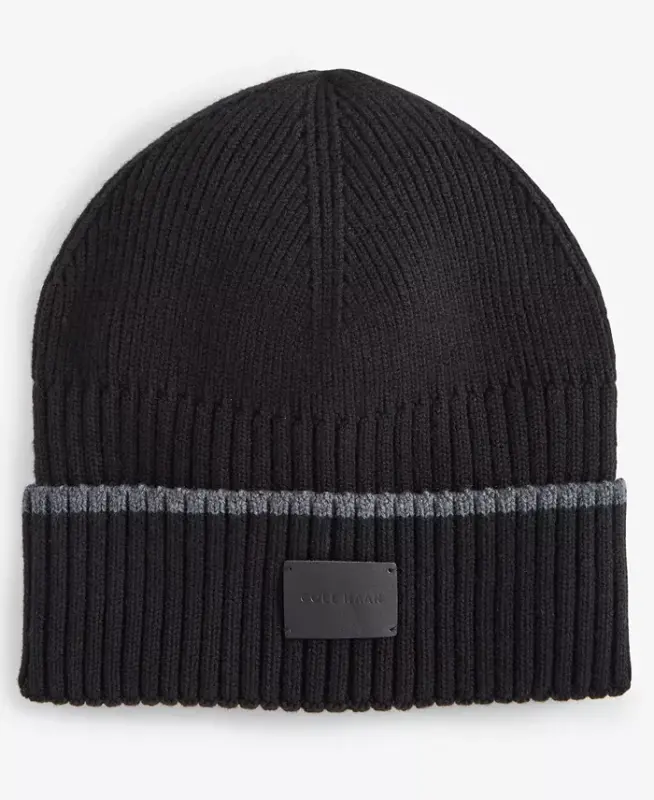 Men's Heritage Ribbed-knit Tipped Cuffed Beanie-Caviar - COLE HAAN