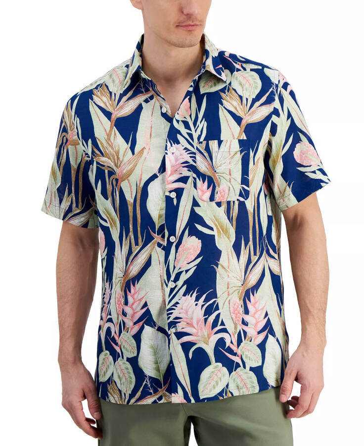 Men's Hero Short Sleeve Button Front Palm Print Linen Shirt, Created for Modazone Navy Blue - 4