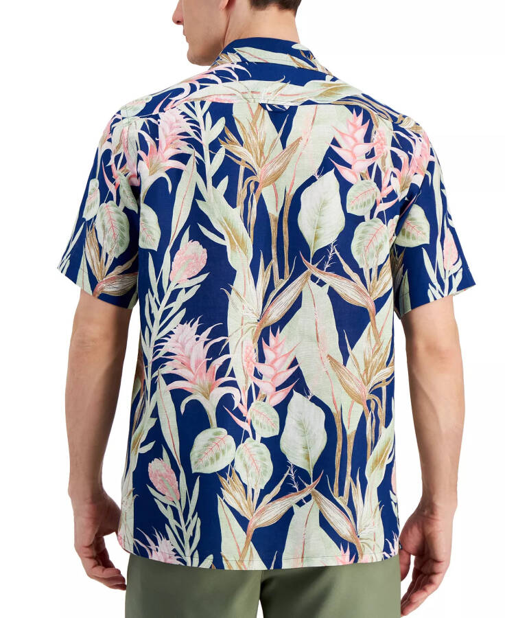 Men's Hero Short Sleeve Button Front Palm Print Linen Shirt, Created for Modazone Navy Blue - 5