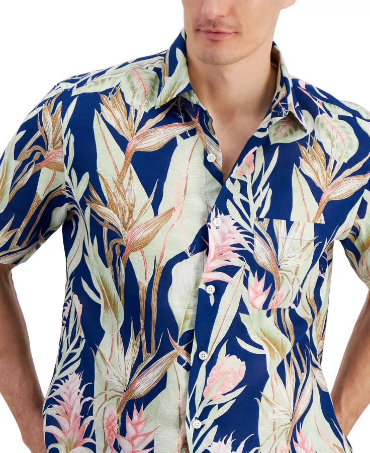 Men's Hero Short Sleeve Button Front Palm Print Linen Shirt, Created for Modazone Navy Blue - 6