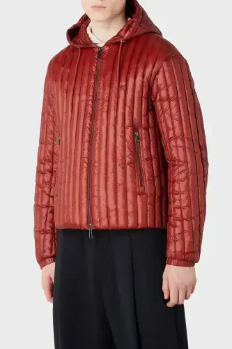 Men's Hooded Collar Branded Detailed Zippered Padded Burgundy Jacket 6R1B79 1NKZZ-0454-Burgundy - 1