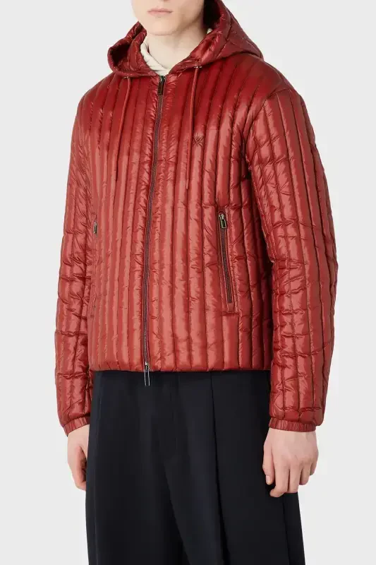 Men's Hooded Collar Branded Detailed Zippered Padded Burgundy Jacket 6R1B79 1NKZZ-0454-Burgundy - EMPORIO ARMANI