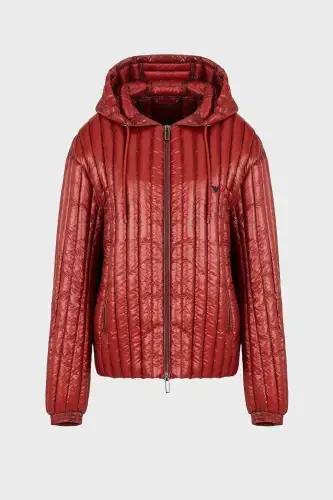 Men's Hooded Collar Branded Detailed Zippered Padded Burgundy Jacket 6R1B79 1NKZZ-0454-Burgundy - 4