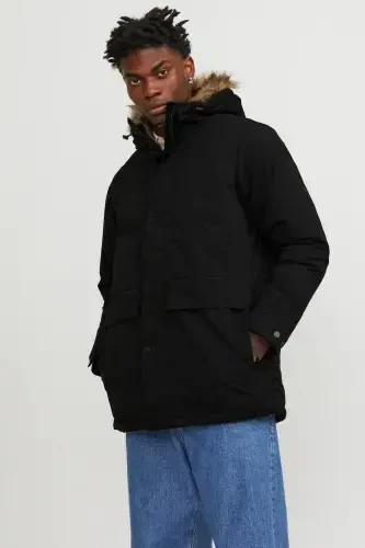 Men's Hooded Long Coat Black Parka 12236096-Black - 1