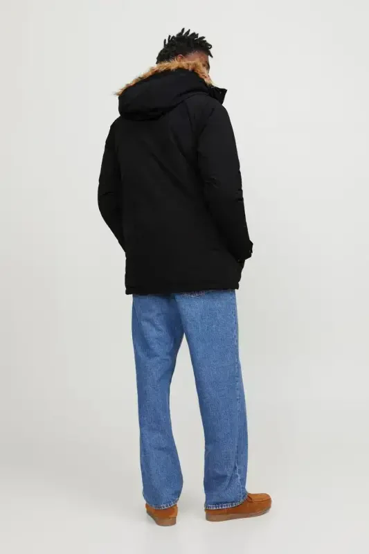 Men's Hooded Long Coat Black Parka 12236096-Black - 2