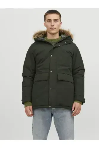 Men's Hooded Long Coat Khaki Parka 12236096-Rosin - 1