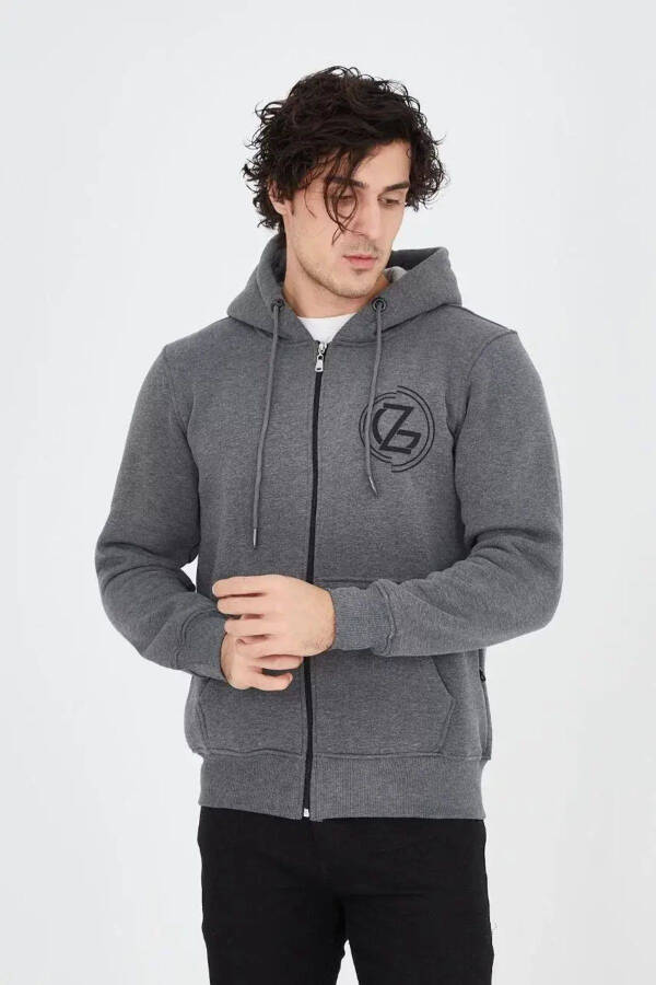 Men's Hooded Printed Zip Hoodie - Charcoal - 1