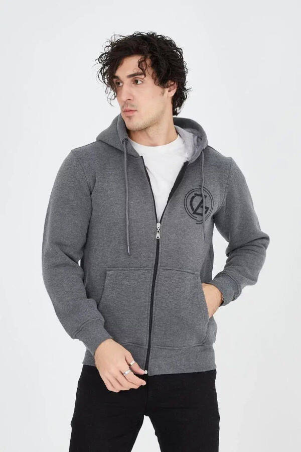 Men's Hooded Printed Zip Hoodie - Charcoal - 6