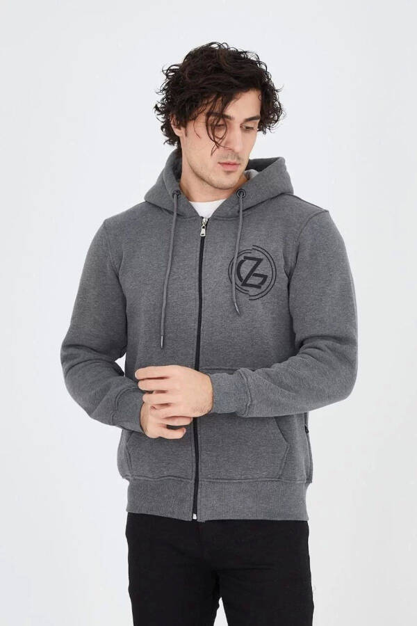 Men's hooded printed zippered sweatshirt - charcoal - 1