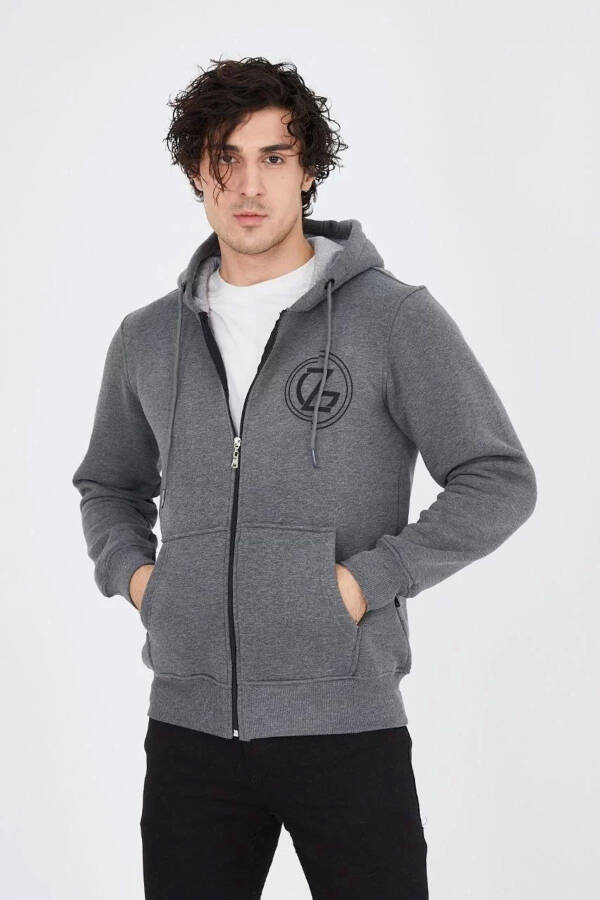 Men's hooded printed zippered sweatshirt - charcoal - 2