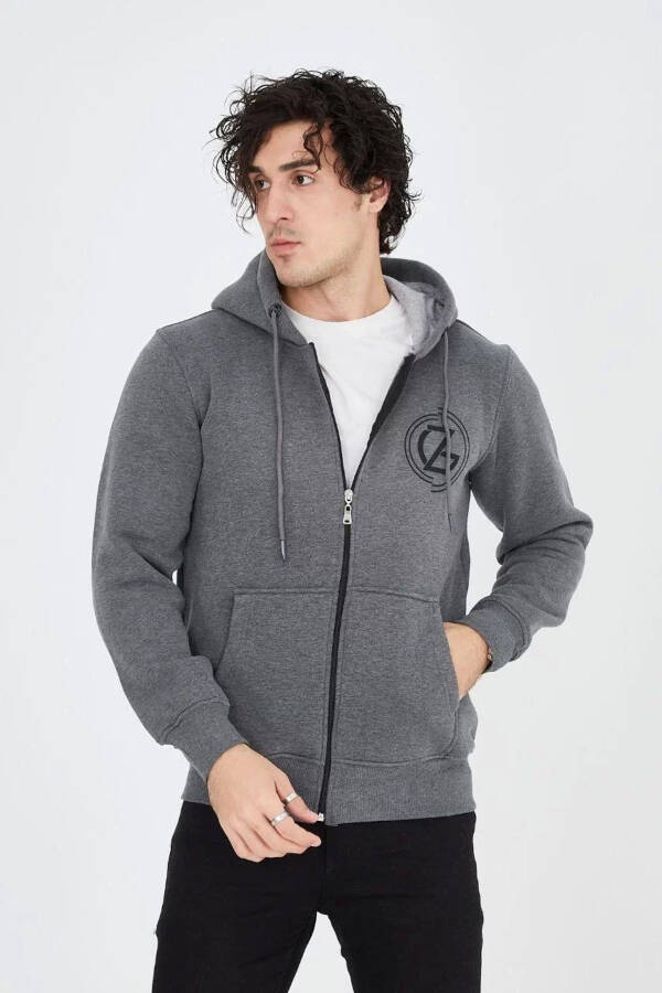 Men's hooded printed zippered sweatshirt - charcoal - 6