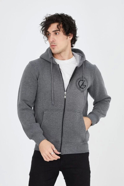 Men's Hooded Printed Zippered Sweatshirt - Charcoal - 6