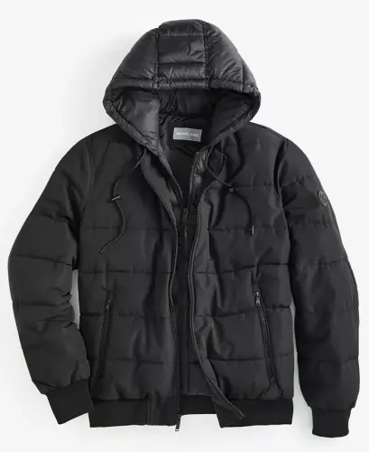 Men's Hooded Puffer Bomber Jacket - Black - 5