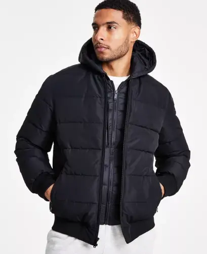 Men's Hooded Puffer Bomber Jacket - Black - 1