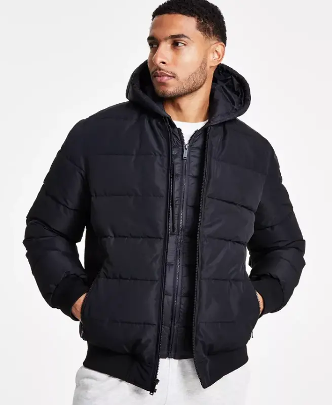 Men's Hooded Puffer Bomber Jacket - Black - 1