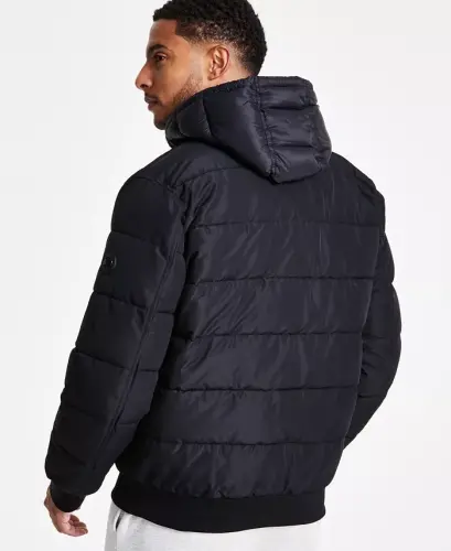 Men's Hooded Puffer Bomber Jacket - Black - 2