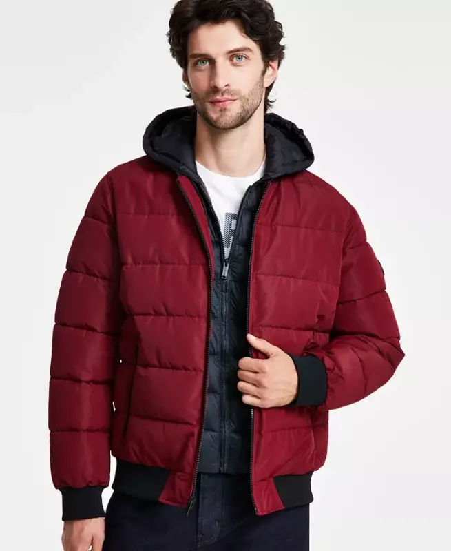 Men's Hooded Puffer Bomber Jacket - Dark Brandy - 1