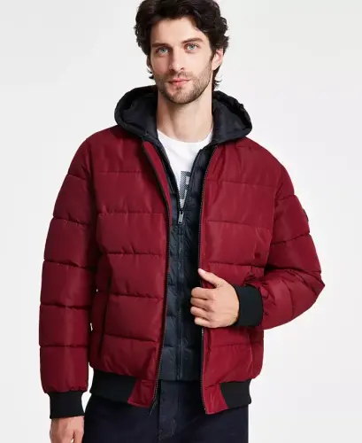 Men's Hooded Puffer Bomber Jacket - Dark Brandy 