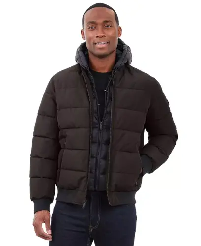 Men's Hooded Puffer Bomber Jacket - Dark Chocolate - 1