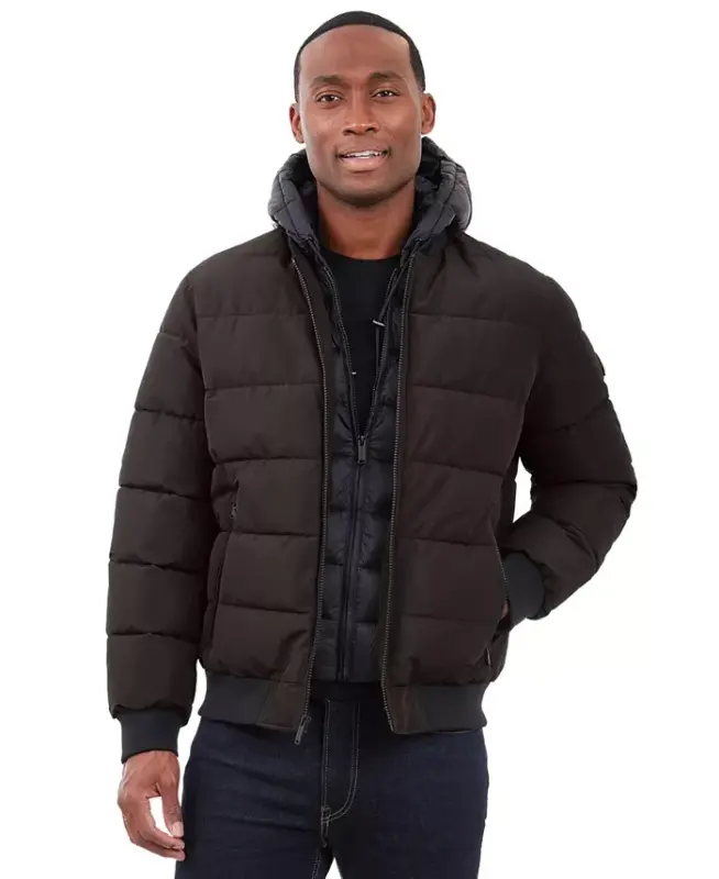 Men's Hooded Puffer Bomber Jacket - Dark Chocolate - 1