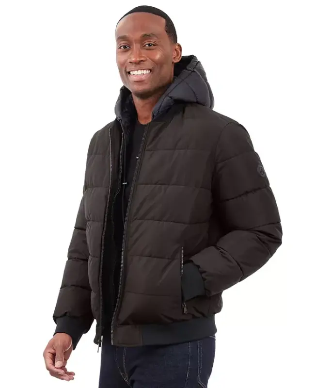 Men's Hooded Puffer Bomber Jacket - Dark Chocolate - 4