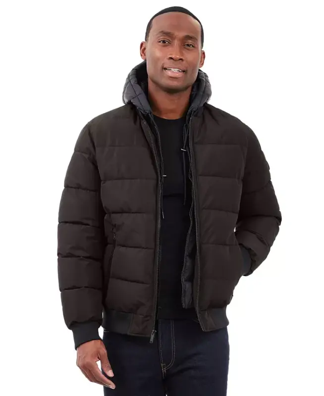 Men's Hooded Puffer Bomber Jacket - Dark Chocolate - 6