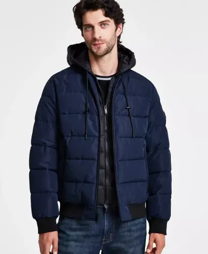 Men's Hooded Puffer Bomber Jacket - Midnight Blue 