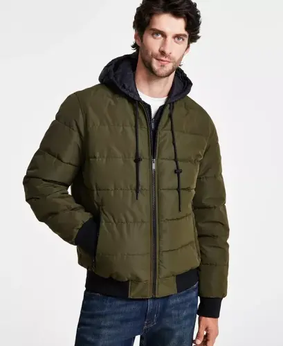 Men's Hooded Puffer Bomber Jacket-Olive - 1