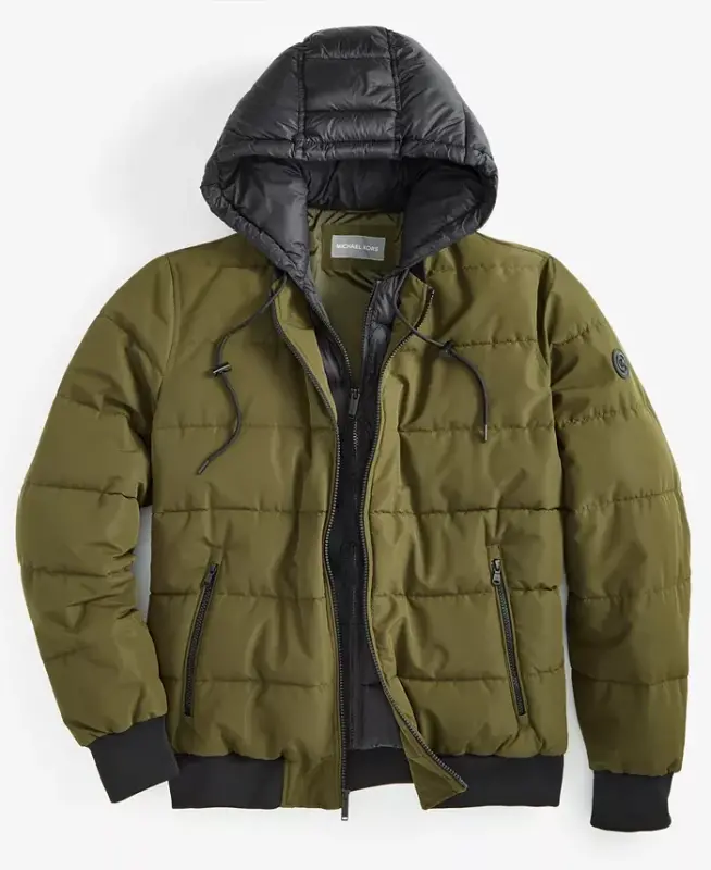 Men's Hooded Puffer Bomber Jacket-Olive - 5