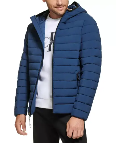 Men's Hooded & Quilted Packable Jacket-Denim Blue 