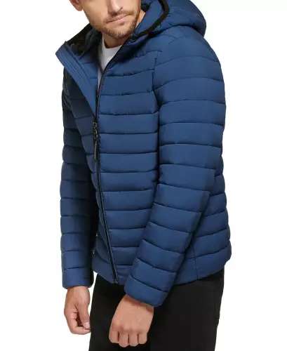 Men's Hooded & Quilted Packable Jacket-Denim Blue - 4
