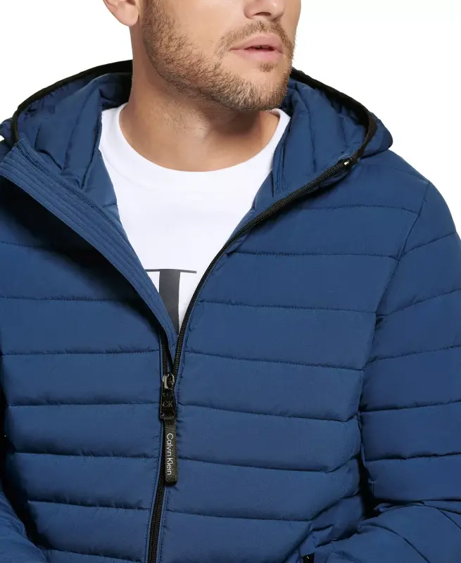 Men's Hooded & Quilted Packable Jacket-Denim Blue - 5