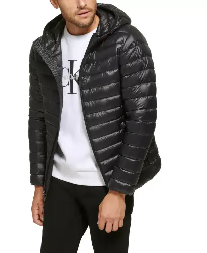Men's Hooded & Quilted Packable Jacket-Black - 3