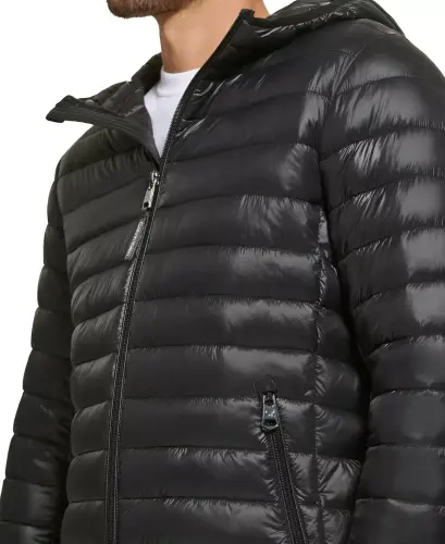 Men's Hooded & Quilted Packable Jacket-Black - 4