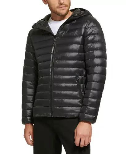 Men's Hooded & Quilted Packable Jacket-Black 