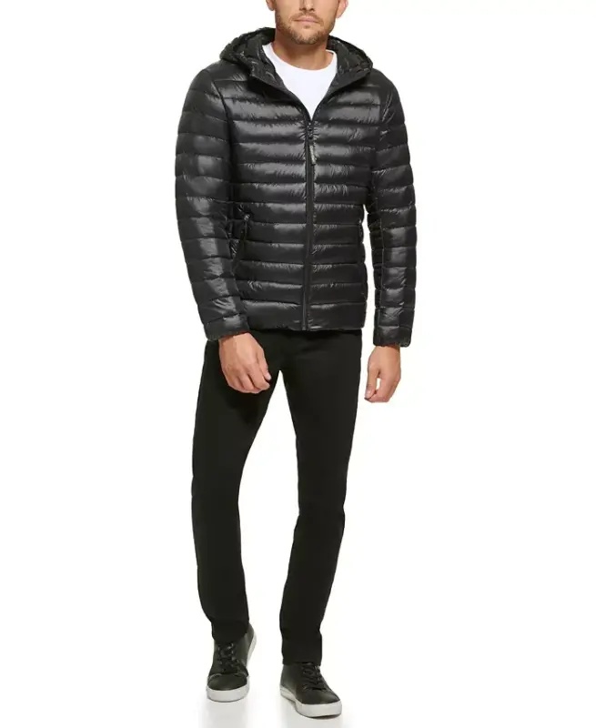Men's Hooded & Quilted Packable Jacket-Black - 2