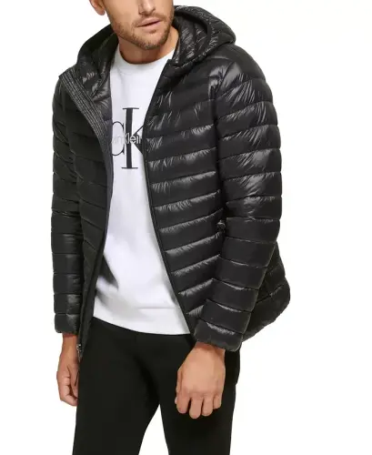 Men's Hooded & Quilted Packable Jacket-Black - 3