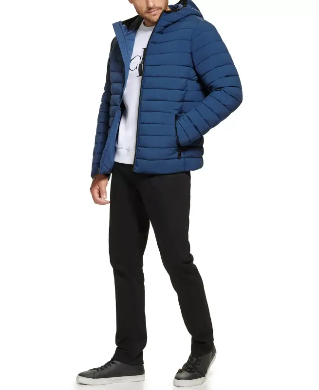 Men's Hooded & Quilted Packable Jacket-Denim Blue - 3