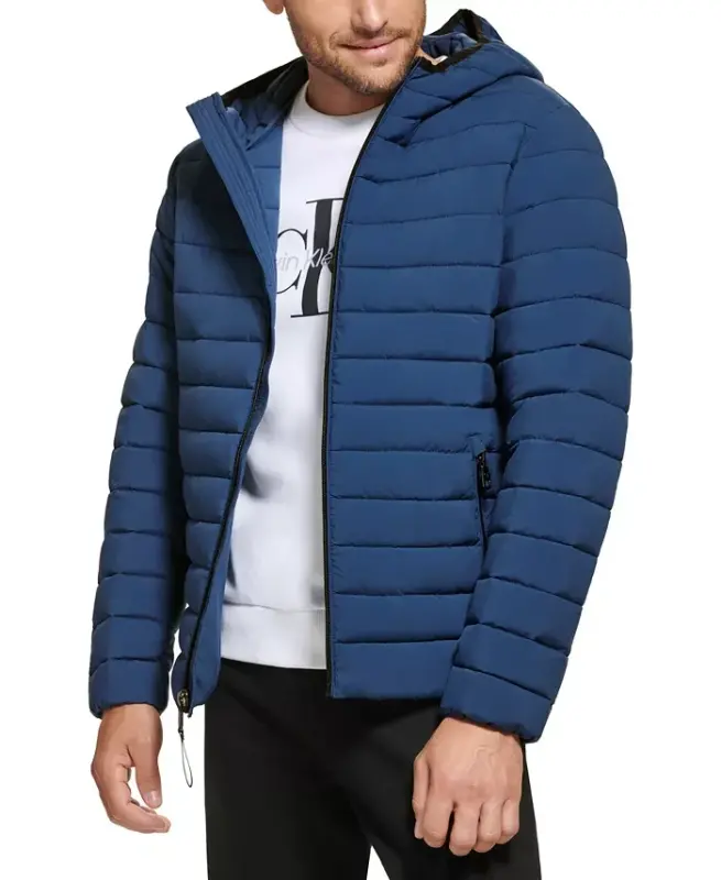 Men's Hooded & Quilted Packable Jacket-Denim Blue - CALVIN KLEIN