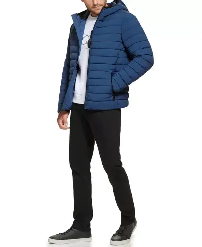 Men's Hooded & Quilted Packable Jacket-Denim Blue - 3